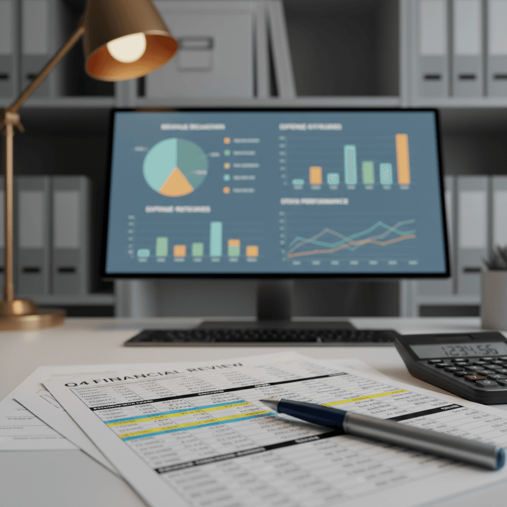 Financial analyst's desk with spreadsheet, calculator, and computer monitor displaying financial dashboard and performance metrics