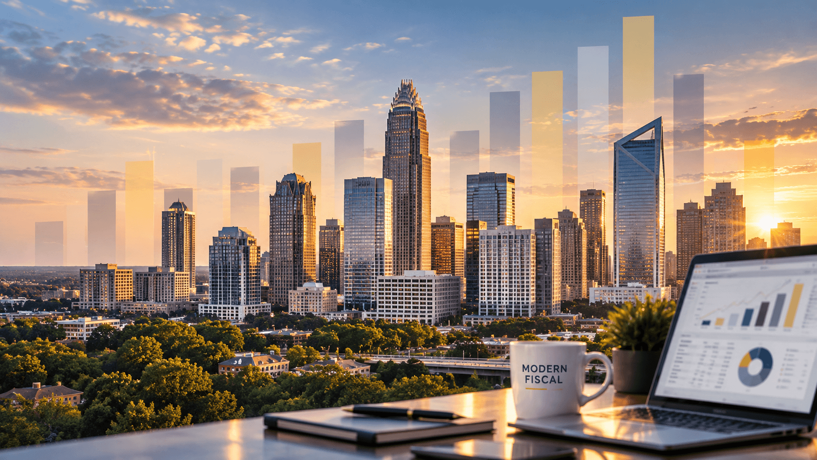 Financial charts overlaid on a sunset city skyline with a laptop and Modern Fiscal mug.